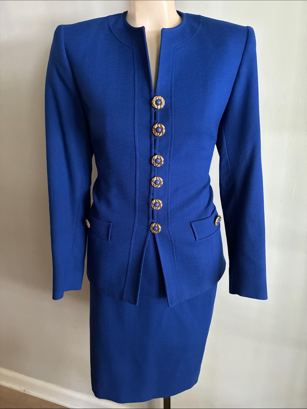 Vintage Herbert Grossman Cynthia Sobel Wool Skirt Suit Blue Size 6 USA